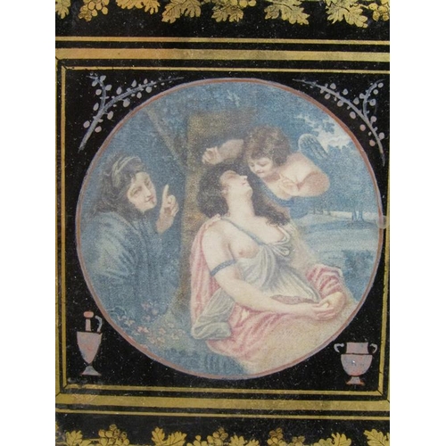 1298 - VICTORIAN CIRCULAR FRAMED MINIATURE COLOURED PRINT IN ORNATE FRAME, PICTURE 14CM SQ.