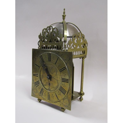 11 - An 18c English lantern clock, the dial signed Thos. Hully, Coggshall and converted in the 19c to a s... 