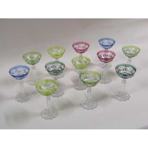 130 - A set of twelve Val St. Lambert Verrept harlequin champagne coupes, 17cm h.