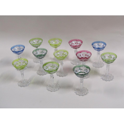 130 - A set of twelve Val St. Lambert Verrept harlequin champagne coupes, 17cm h.