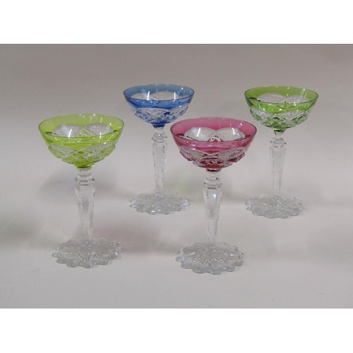 130 - A set of twelve Val St. Lambert Verrept harlequin champagne coupes, 17cm h.