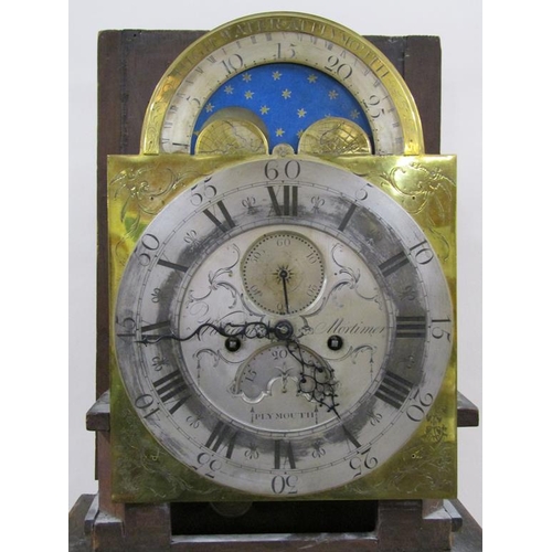 14 - A late 18c eight day longcase clock, the 30cm arched brass dial signed William Mortimer, Plymouth, a... 