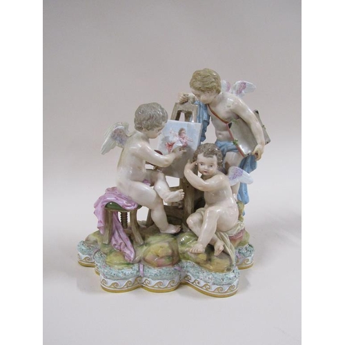 142 - A 19c Meissen figure group of cherubs painting with easel and canvas, a/f some restoration in places... 