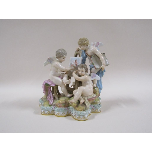 142 - A 19c Meissen figure group of cherubs painting with easel and canvas, a/f some restoration in places... 