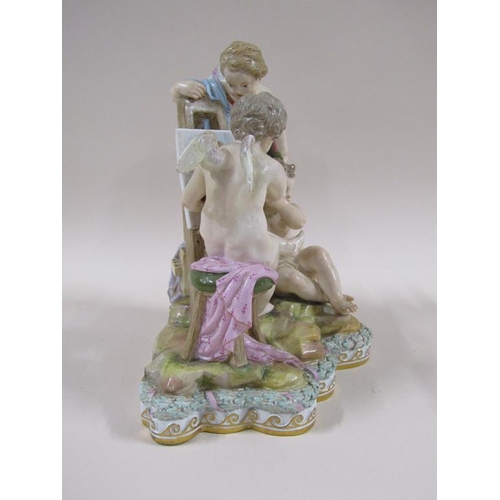 142 - A 19c Meissen figure group of cherubs painting with easel and canvas, a/f some restoration in places... 