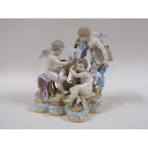 142 - A 19c Meissen figure group of cherubs painting with easel and canvas, a/f some restoration in places... 