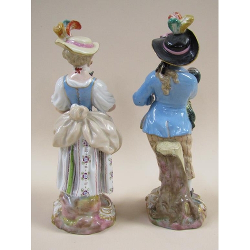 143 - A pair of 19c Meissen porcelain figures of a man and a lady, man holding a cockerel, lady holding a ... 