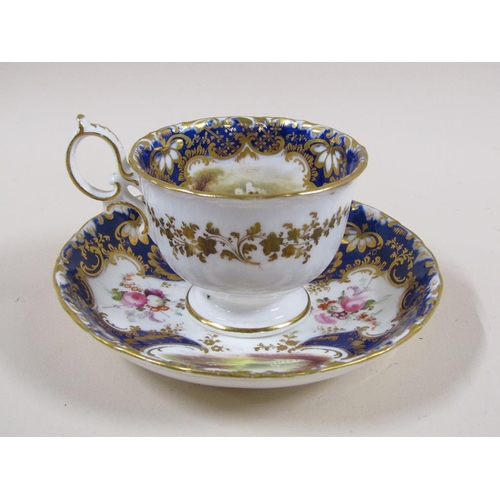 145 - An early 19c Rockingham style part tea service with hand painted panels of various landscapes and bu... 