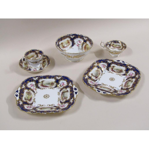 145 - An early 19c Rockingham style part tea service with hand painted panels of various landscapes and bu... 