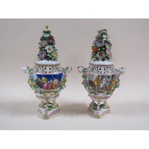 147 - A pair of 19c Carl Thieme Potschappel vases and covers with reticulated upper rims, female mask hand... 