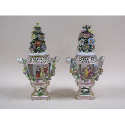 147 - A pair of 19c Carl Thieme Potschappel vases and covers with reticulated upper rims, female mask hand... 