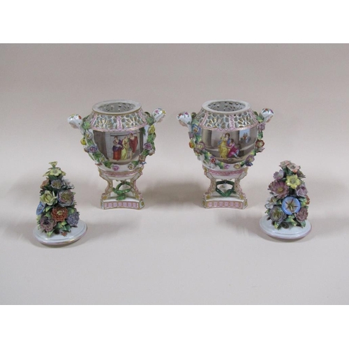 147 - A pair of 19c Carl Thieme Potschappel vases and covers with reticulated upper rims, female mask hand... 