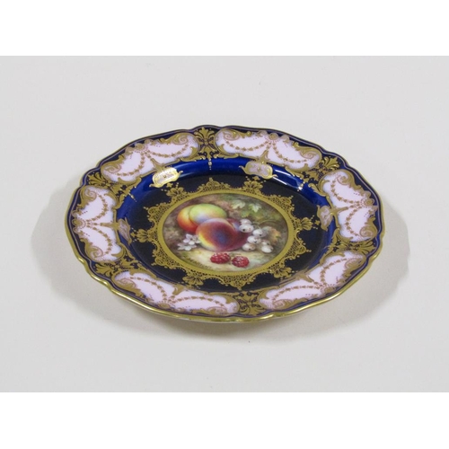 148 - An early 20c Royal Worcester hand painted fruit plate by R. Sebright, painted on a cobalt blue and p... 