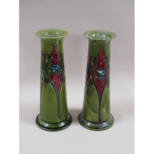 150 - A pair of Mintons tube lined secessionist vases of cylindrical tapering form, shape no.1, stamped an... 