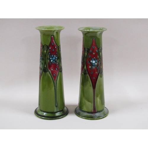 150 - A pair of Mintons tube lined secessionist vases of cylindrical tapering form, shape no.1, stamped an... 