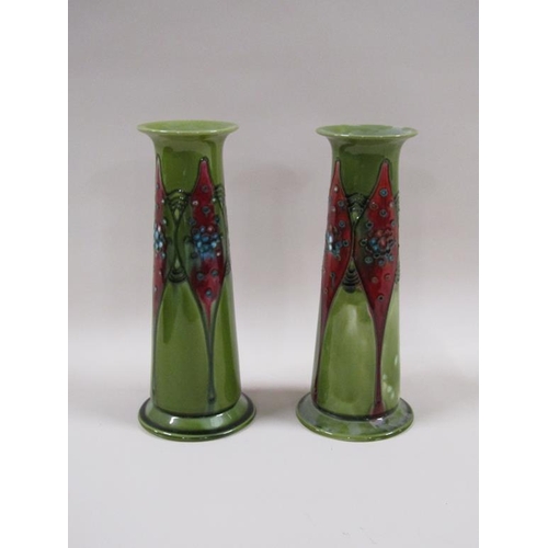 150 - A pair of Mintons tube lined secessionist vases of cylindrical tapering form, shape no.1, stamped an... 