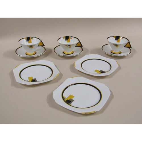 153 - Three Art Deco Shelley Vogue yellow block tea trios, pattern 11787, comprising three cups, 7cm h, th... 