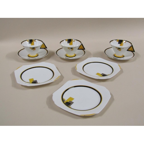 153 - Three Art Deco Shelley Vogue yellow block tea trios, pattern 11787, comprising three cups, 7cm h, th... 