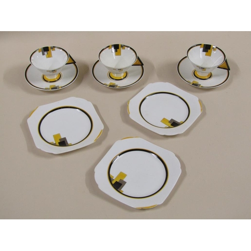 153 - Three Art Deco Shelley Vogue yellow block tea trios, pattern 11787, comprising three cups, 7cm h, th... 