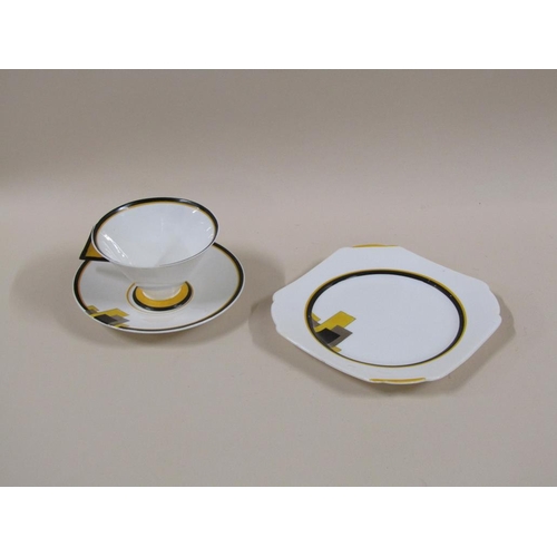 153 - Three Art Deco Shelley Vogue yellow block tea trios, pattern 11787, comprising three cups, 7cm h, th... 