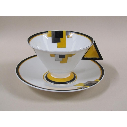 153 - Three Art Deco Shelley Vogue yellow block tea trios, pattern 11787, comprising three cups, 7cm h, th... 