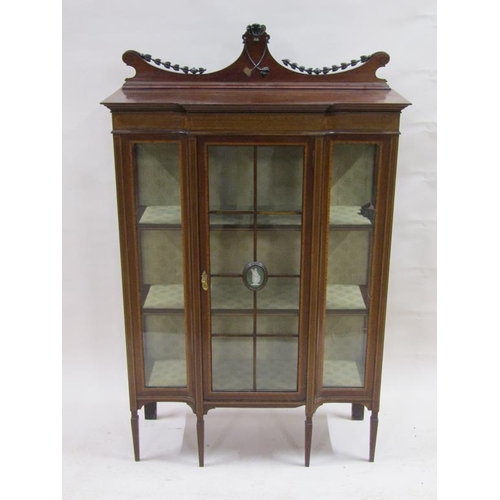 249 - An Edwardian inlaid mahogany glazed breakfront display cabinet with a green and white Parian motif t... 