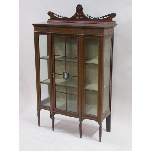 249 - An Edwardian inlaid mahogany glazed breakfront display cabinet with a green and white Parian motif t... 