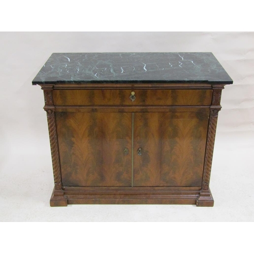 252 - A Victorian figure mahogany side cabinet with one long frieze drawer over shelved cupboard enclosed ... 