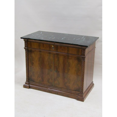 252 - A Victorian figure mahogany side cabinet with one long frieze drawer over shelved cupboard enclosed ... 