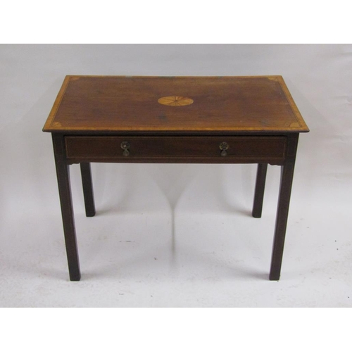 256 - A late Georgian mahogany satinwood crossbanded and ebony line inlaid side table with oval table top ... 