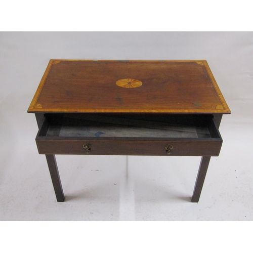 256 - A late Georgian mahogany satinwood crossbanded and ebony line inlaid side table with oval table top ... 