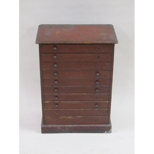 265 - A 19c mahogany collectors cabinet of ten long drawers, containing a collection of miscellaneous butt... 