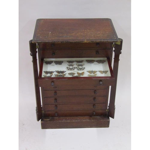 266 - A 19c mahogany collectors cabinet of ten long drawers and split column locking bars, containing a co... 