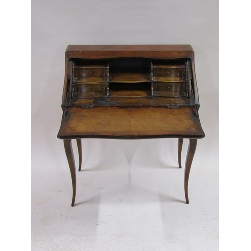 271 - A 19c walnut marquetry bureau de dame with fall front and fitted interior over one central kneehole ... 