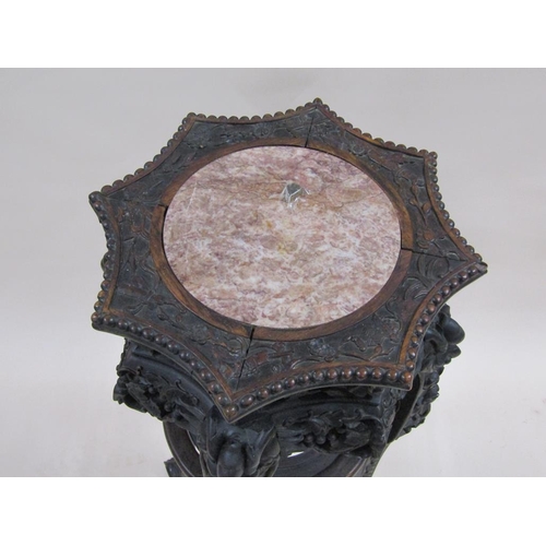 290 - A 19c Oriental carved hardwood marble top pot stand with and under tier shelf, a/f, 48cm w, 94cm h.