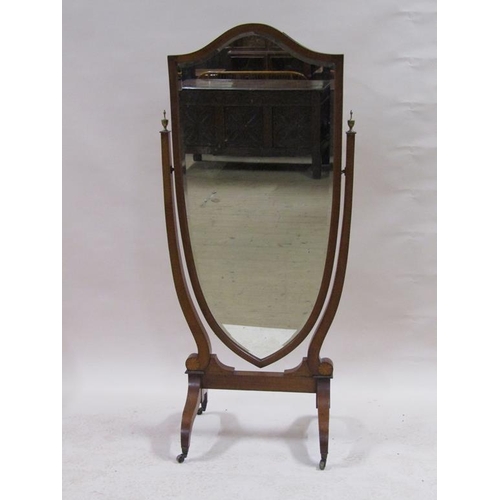 295 - An Edwardian period mahogany cheval mirror, the frame with satinwood and ebony line inlay, the suppo... 