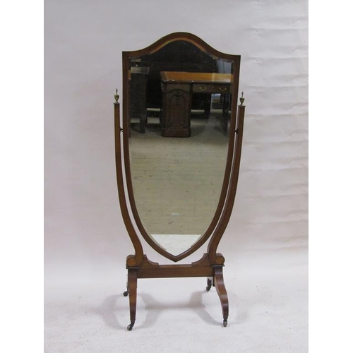 295 - An Edwardian period mahogany cheval mirror, the frame with satinwood and ebony line inlay, the suppo... 