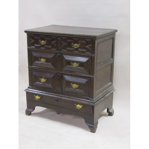 298 - A late 17c/early 18c oak geometric chest on a stand, the chest with three long drawers, the stand fi... 