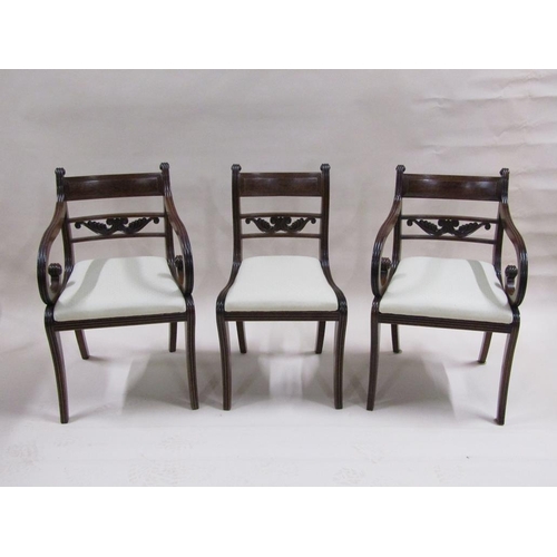 302 - A set of eight (6+2) William IV mahogany dining chairs with solid slightly curved top rails, scroll ... 