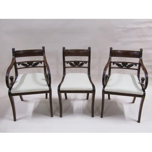 302 - A set of eight (6+2) William IV mahogany dining chairs with solid slightly curved top rails, scroll ... 