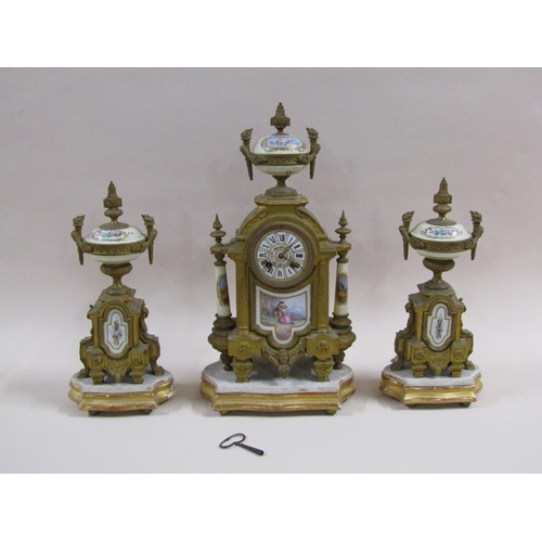 5 - A late 19c French garniture de cheminée comprising a central clock flanked by two urns.  The bodies ... 