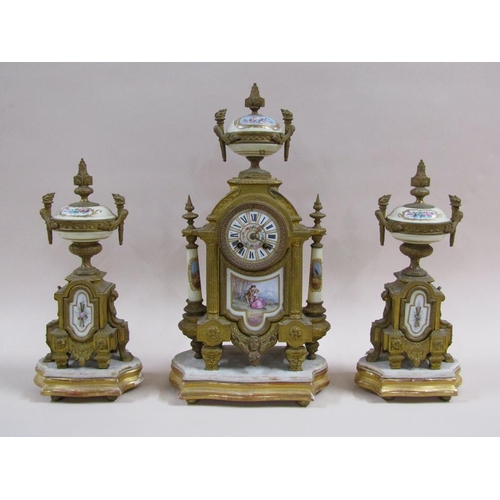 5 - A late 19c French garniture de cheminée comprising a central clock flanked by two urns.  The bodies ... 