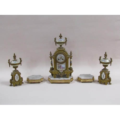 5 - A late 19c French garniture de cheminée comprising a central clock flanked by two urns.  The bodies ... 