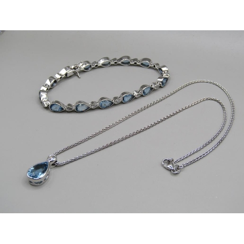 56 - A platinum aquamarine and diamond teardrop shaped cut bracelet and necklace with pendant, 18ct white... 