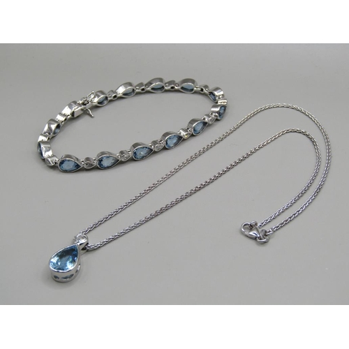 56 - A platinum aquamarine and diamond teardrop shaped cut bracelet and necklace with pendant, 18ct white... 