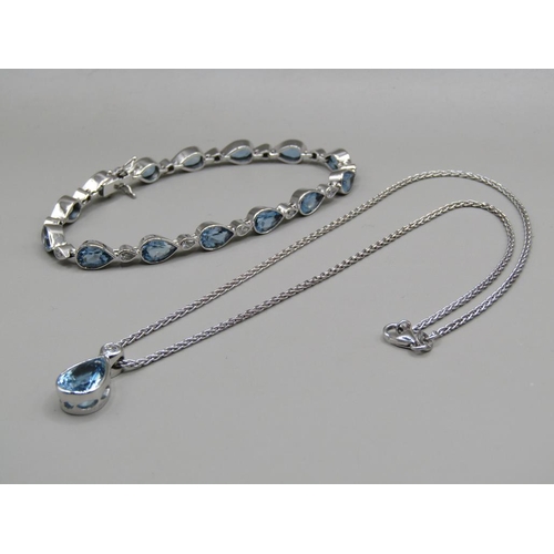 56 - A platinum aquamarine and diamond teardrop shaped cut bracelet and necklace with pendant, 18ct white... 