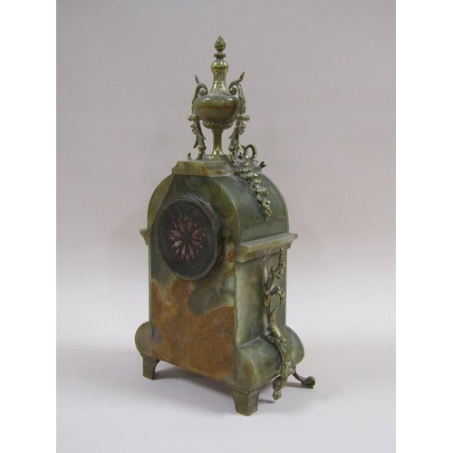 6 - A late 19c French mantel clock in green onyx case with cast gilt mounts.  The case has a rounded top... 