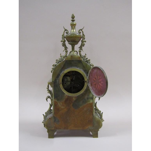 6 - A late 19c French mantel clock in green onyx case with cast gilt mounts.  The case has a rounded top... 