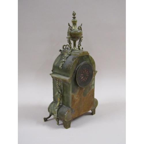 6 - A late 19c French mantel clock in green onyx case with cast gilt mounts.  The case has a rounded top... 