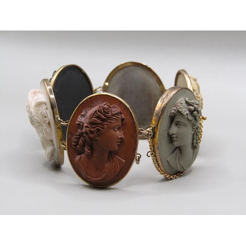 63 - A late 19c/early 20c gold coloured lava cameo bracelet, having six oval cameos of classical female h... 